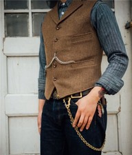 Men's Fashion Suit Vests Wool Herringbone Tweed Waistcoat Notch Lapel Groomsman