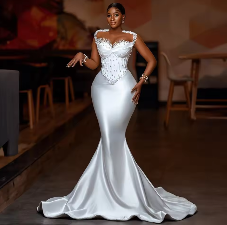 knee length dresses for ladies Luxurious Long Sleevess Beading Appliques Rhinestones Mermaid Wedding Dress with Sweep Train main image 1