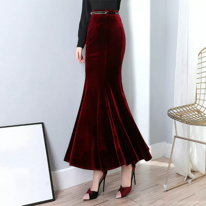 Women Sexy Velvet Fishtail Mermaid Skirt Long Maxi Bodycon Slim High Waist  Dress