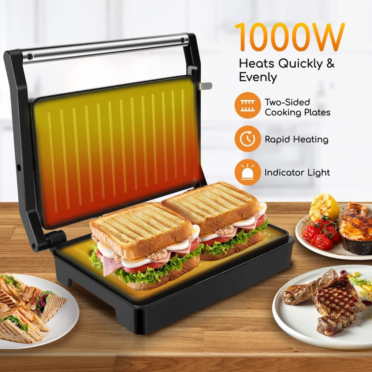 Panini Press Grill, 1000W Sandwich Maker with Non-Stick Double Flat Cooking Plate, Indicator Light, Locking Lid, Cool Touch Handle, Panini Maker