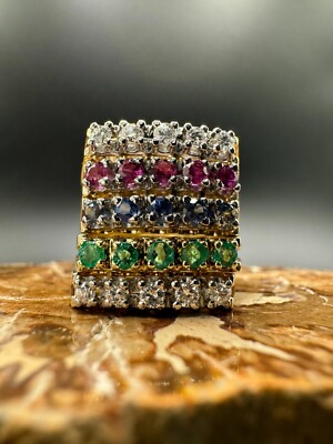 Wide Half Memory Ring 14K Yellow Gold with Sapphire, Ruby, Emerald & Diamonds