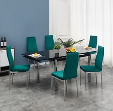 Image of Dining Table Set Extending Black Glass Chrome Metal Legs with 6 Velvet Chairs