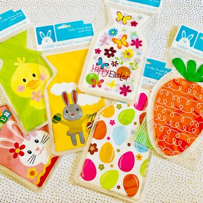 Lot of 90 (6 Packs of 15) Happy Easter Cello Treat Party Bags w/ Ties, Bunny NWT