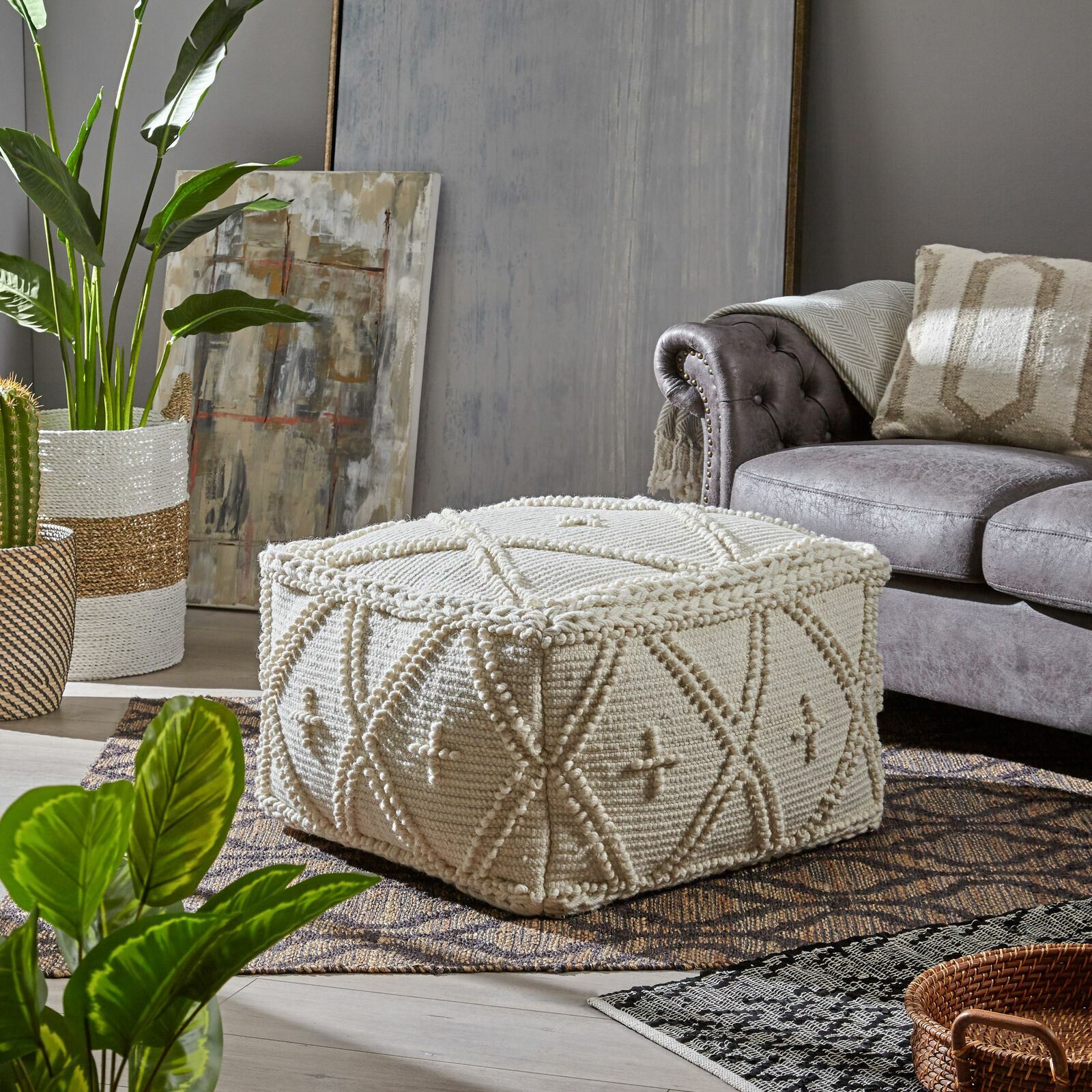 Nina Large Square Casual Pouf, Boho, White Wool and Cotton