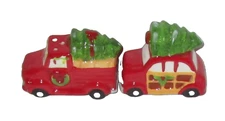 CHRISTMAS~Salt and Pepper Set ~TRUCK/WOODY CAR Bringing Home the Christmas Tree