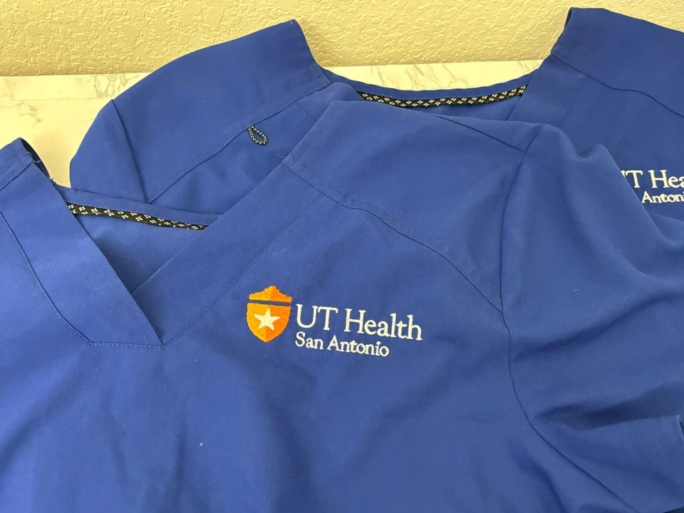 KOI Women's Scrub Top Shirt Womens L Lot Of 2 UT Health San Antonio Blue I - Image 3 of 4