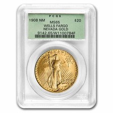 1908 $20 St Gaudens Gold No Motto MS-65 PCGS (Wells Fargo OGH)