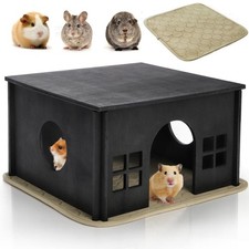 Wooden Hamster Hideout, Guinea Pig House with Soft Mat Windows, Detachable Sm...