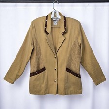 VTG Peter Popovitch Woman Medium Petite Blazer Tan Brown Studded Trim Western