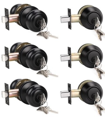 3 Pack Keyed Alike Entry Door Knobs and Single Cylinder Deadbolt Lock Combo S...