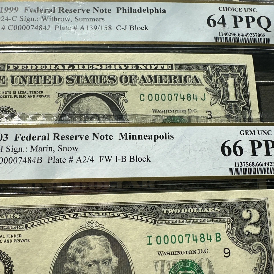 Federal Reserve Note PCGS 66 PPQ 4 Matching LOW SERIAL & Fancy Number - Image 2 of 4