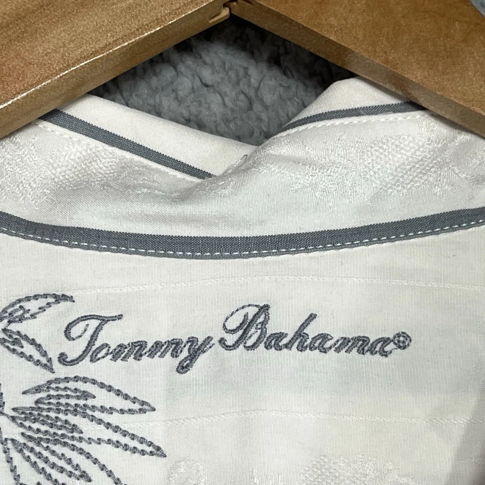 Tommy Bahama Para Hombres 3XT Seda Hawaiano Blanco Azul Gris Bordado Abotonable Foto 2 de 4