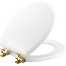 BEMIS Weston Round Soft Close Enameled Wood Gold Metal Hinge Toilet Seat White