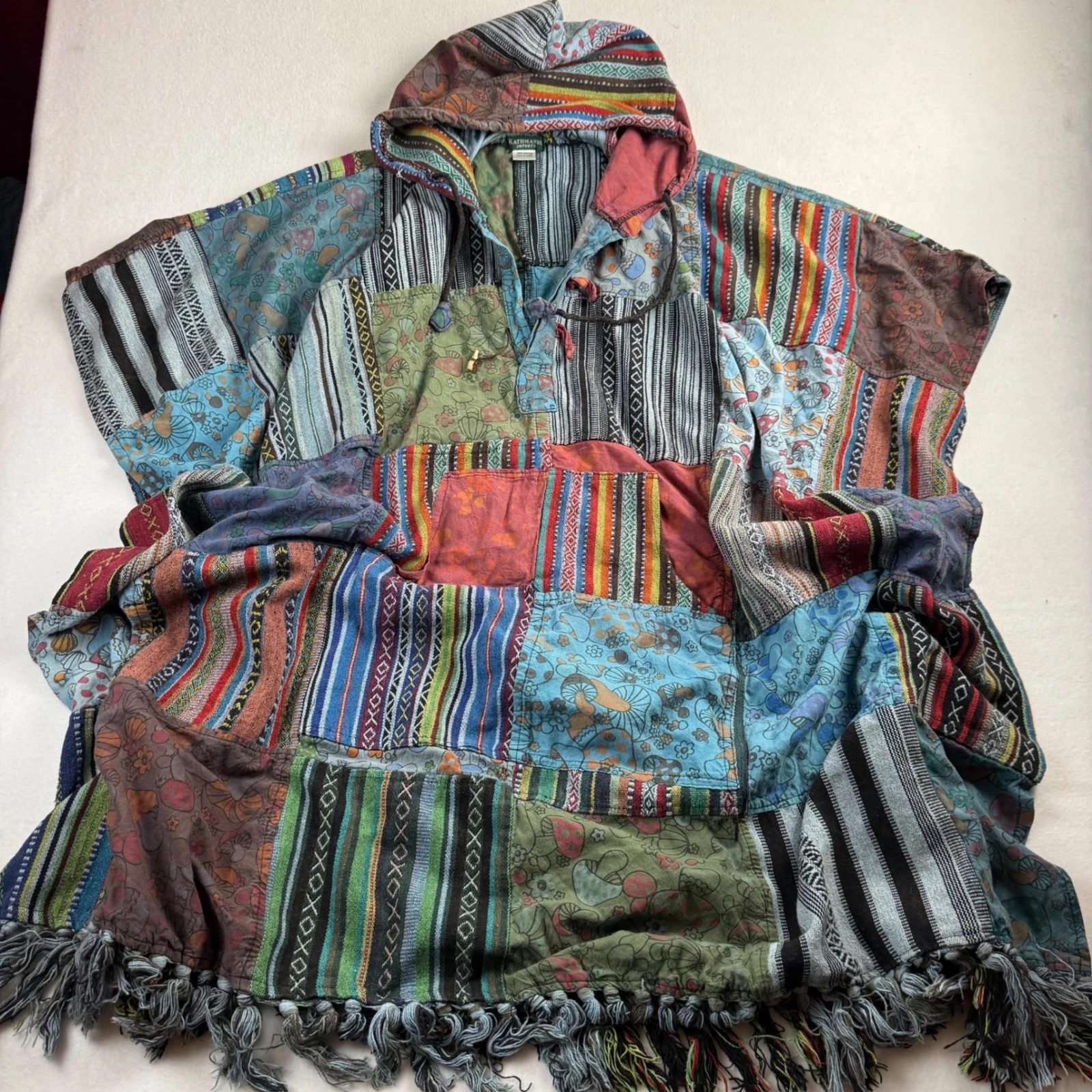 Kathmandu Imports Nepal Cotton Patchwork Hooded Poncho Multi Color Fringe O/S