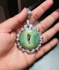 Green Window Druzy Agate Round Pendant 925 Sterling Silver Quartz Jewelry Gift