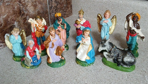 10 pièces figurines crèche vintage en papier mâché peint à la main Italie Woolworth Co. - Photo 1/10