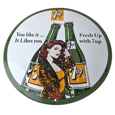Vintage 7 Up Soda Sign - Advertisement Piggly General Store Porcelain Gas Sign