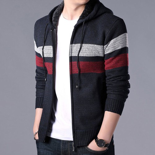Mens Fleece Lining Hooded Jacket Striped Warm Zip Up Knitted Coat Hoody - Picture 8 of 17