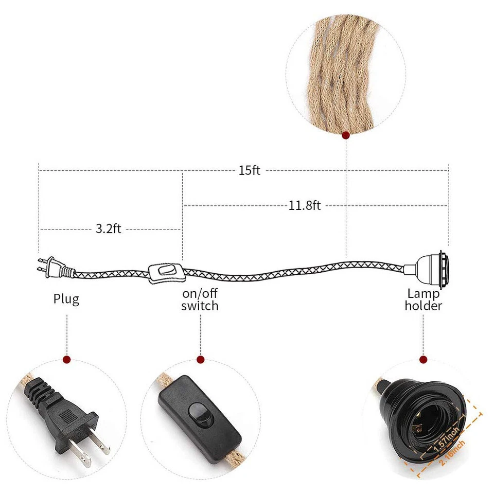 Switch Plug in Vintage Lamp Hemp Rope Pendant Light Industrial Retro 15FT DIY - Image 4 of 4
