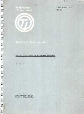 Lacis, A THE THICKNESS TESTING OF COPPER COATINGS 1972 Paperback BOOK