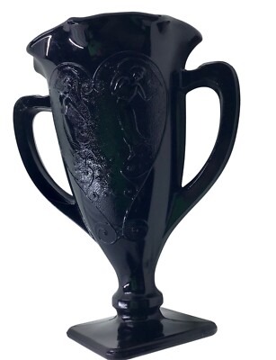 LE Smith Glass Black Amethyst Glass Loving Cup Trophy Vase Dancing Nymphs Heart