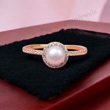 925 Sterling Silver 5 mm Round Shape Freshwater Pearl Ring Halo Cubic Zirconia