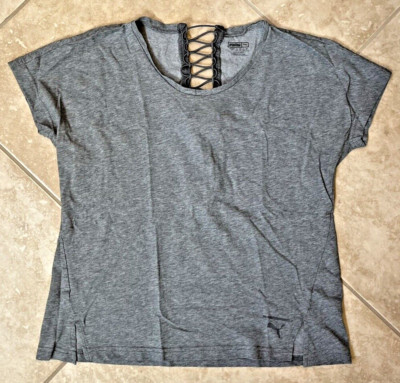 PUMA Women's Size Small Gray Fashion Tee Back Lacing Detail Active T-Shirt