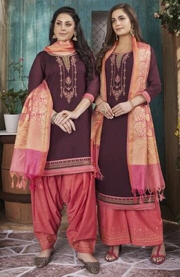 Trendy Chanderi Silk Wine Salwar Kameez 