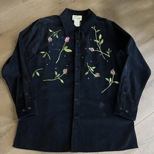 Quacker Factory L Black Velvet Roses Shacket Embroidery Shirt Bling Country Core