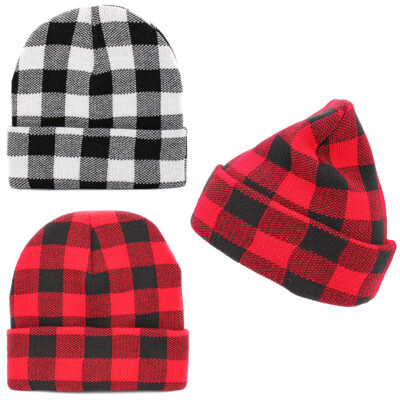 Buffalo Plaid Warm Winter Knit Cuff Beanie Cap Daily Ski Hat 