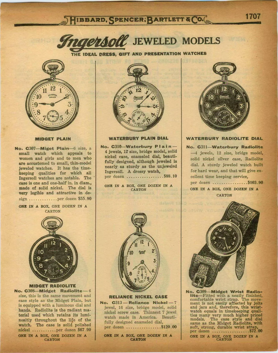 1926 PAPER AD Ingersoll Pocket Watch Midget Wrist Radiolite Reliance Waterbury