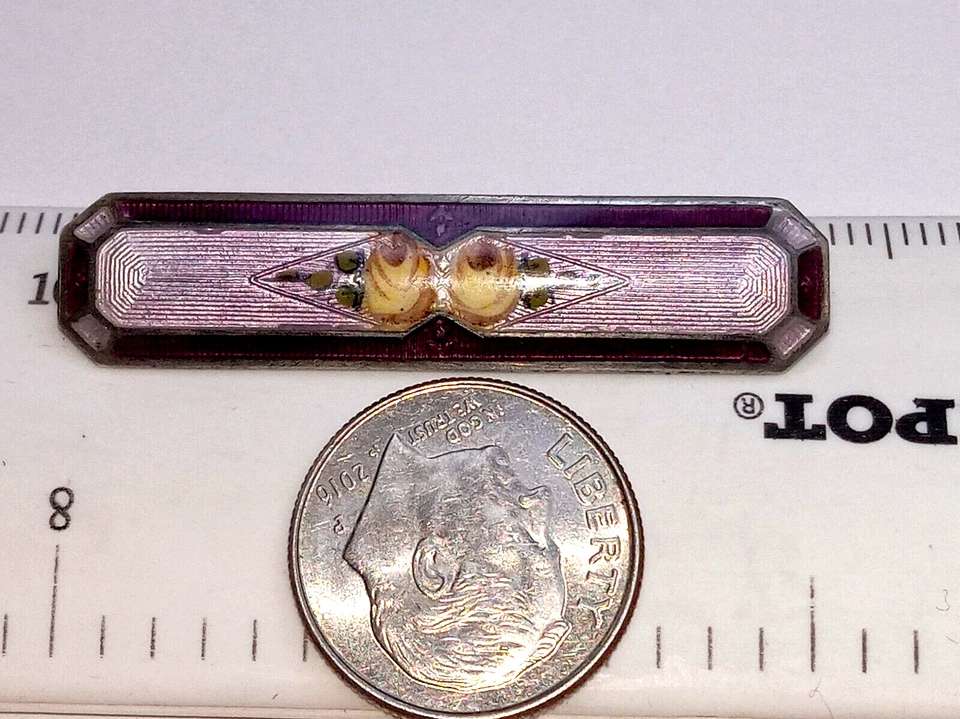 925 y PÚRPURA ESMALTE GUILLOCHE 2 PIN ROSA AMARILLA 9MM X 1 9/16" 3,5 GRAMOS