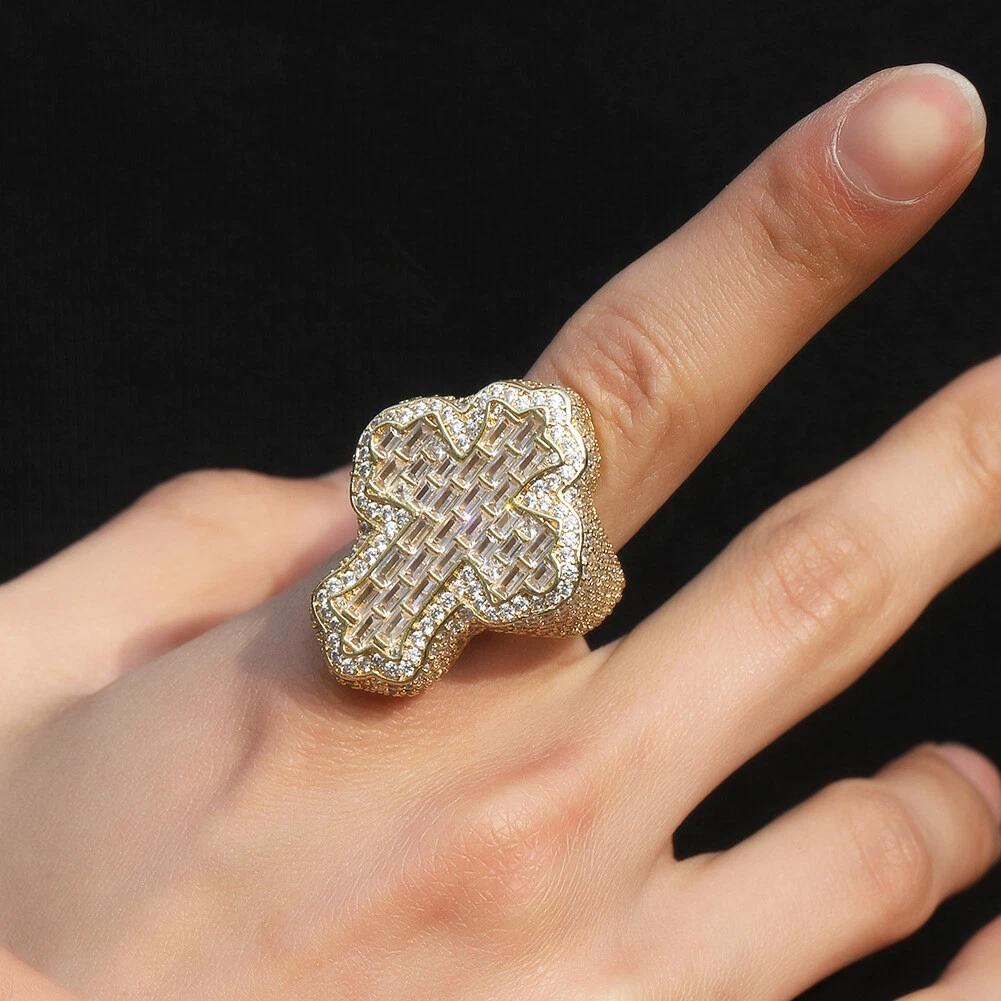 Hip Hop T Zircon Cross Ring 18K Real Gold Plated Cool Men Finger Ring Jewelry