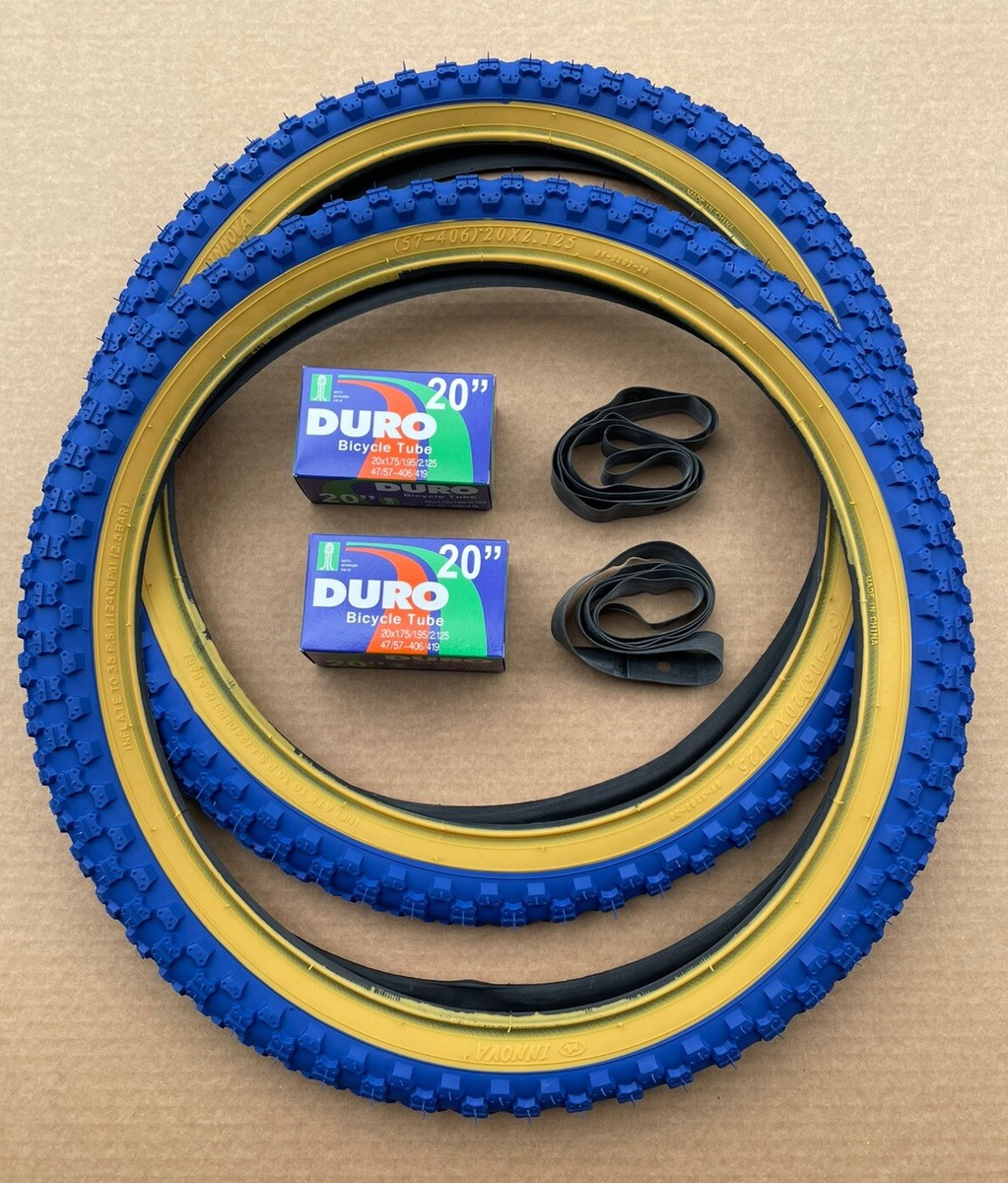 Bicycle Tires + Tubes 20 x 2.125 Blue/Gum Wall BMX GT Dyno Knobby