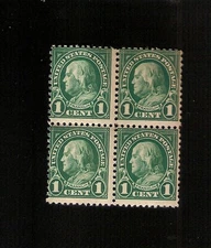 US STAMPS 552  MINT OG NH 1923 DEEP GREEN 1 c BEN FRANKLIN BLOCK OF 4 FREE SHIP