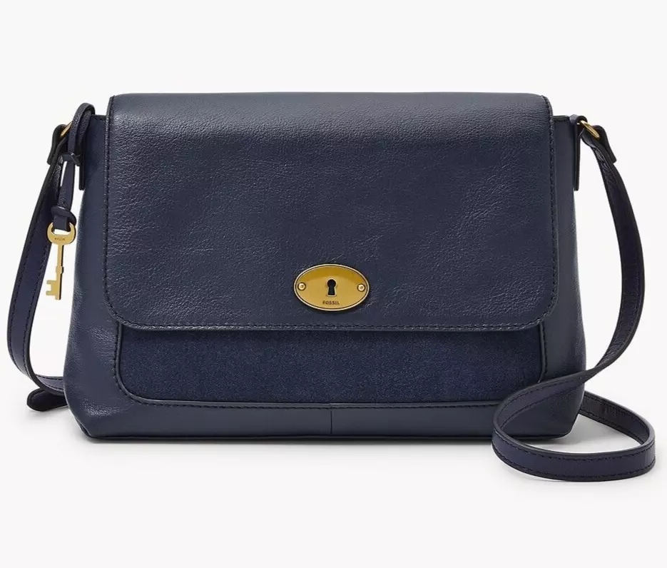 Fossil Gabriella Navy Blue Leather Suede Flap Crossbody SHB3053545 NWT 330 FS