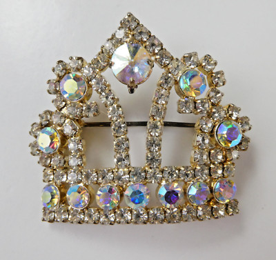 Vintage Clear & AB Rhinestones Crown Pin Brooch Queen Princess Jewelry