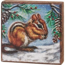 Chipmunk Christmas Mini Wood Box Sign 4" x 4" | Primitives by Kathy