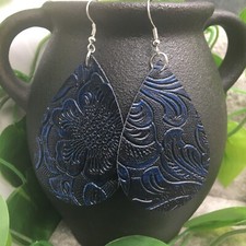 3  Silver-tone Embossed Leather Earring Set Drop Dangle New Free Ship A911