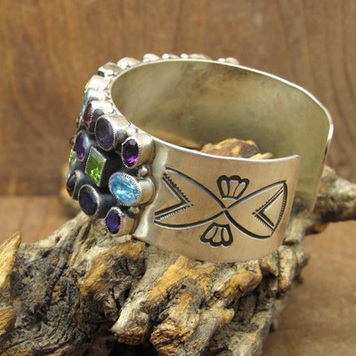 Vintage Sterling Silver and Faceted Multi Stone Cuff Bracelet by 