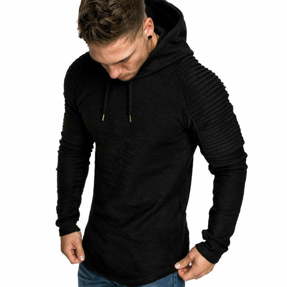 NEW Shoulder-Ribbed Hoodie LARGE Black Slim Fit Curved Hem Sweater