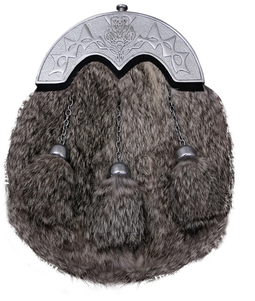 SHYNE SURGICAL LTD GREY RABBIT FUR FULL DRESS SPORRAN WITH CHROME FINISH CANTLE WITH - 3 TASSELS