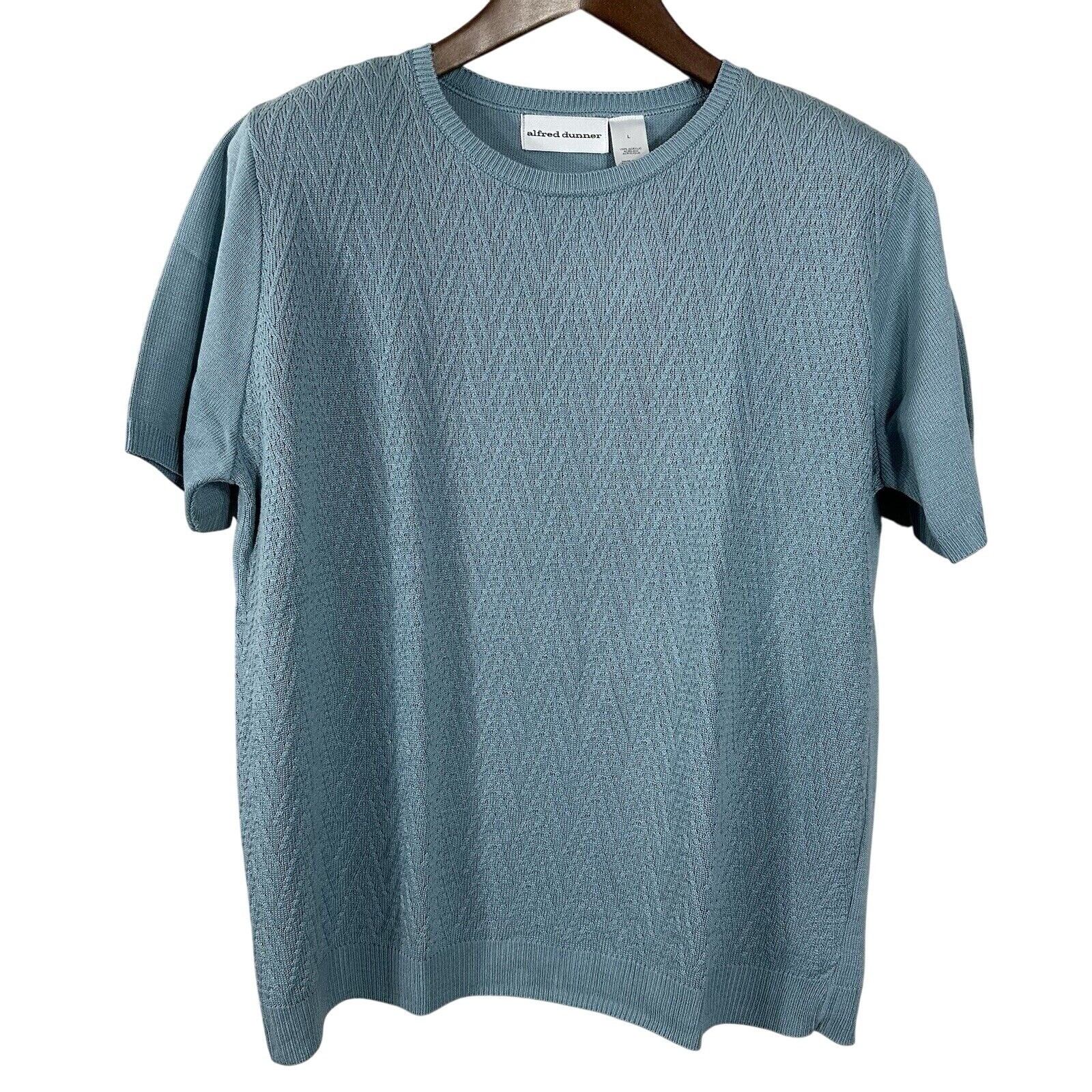 Alfred Dunner Womens Blue Textured Chevron Short Sleeve Knit Sweater Top Large