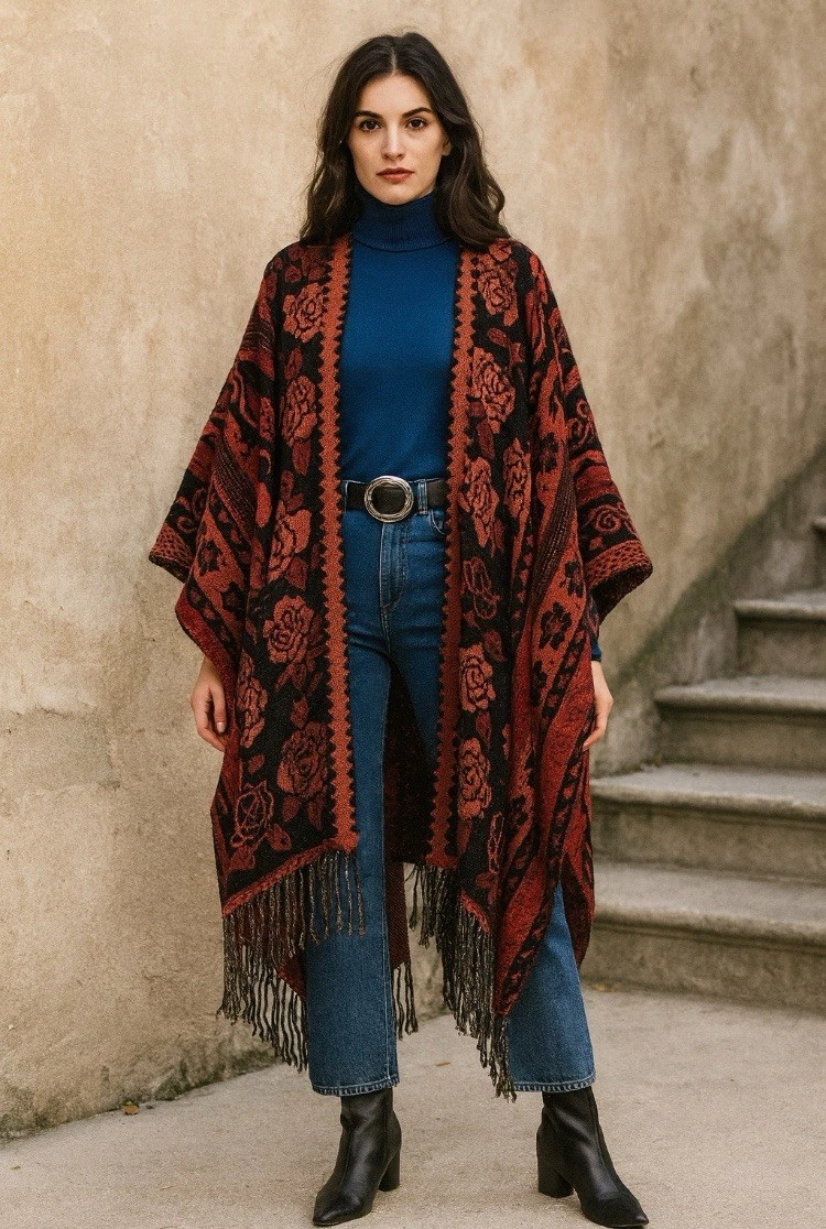 Rhonda Stark Italian Knit Red Black Fringe Poncho Shawl Wrap Boho Artwear One S