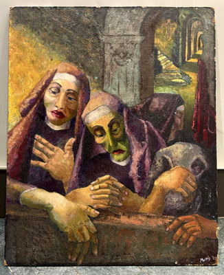 Important WPA era Expressionist/Surrealist/Cubist Oil Painting signed+dated 1948