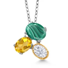 925 Silver and 10K Yellow Gold Green Malachite Citrine and White Moissanite