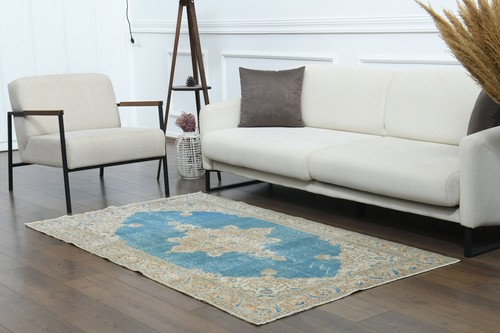 3.8 x 6.6ft Vintage Oushak Rug, turkish wool rug, blue boho carpet