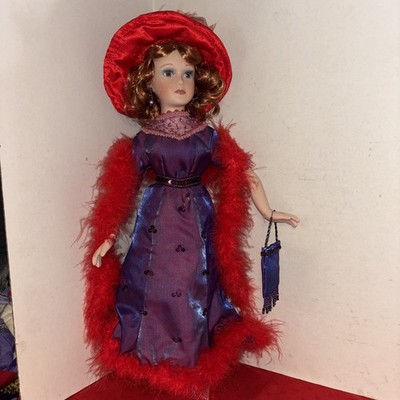 RAQUEL Porcelain Doll 18-1/2'' H  LIFELIKE EYELASHES PURPLE DRESS- Estate Find