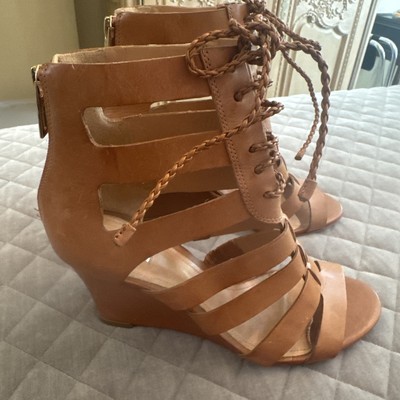 Schutz Lace-up  Zip Caged Strappy Sandal Heels Wedge 8 Leather Tan