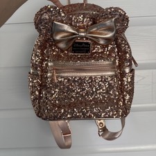 Disney Parks Loungefly Minnie Mouse Rose Gold Sequin Mini Backpack-Ears Bow